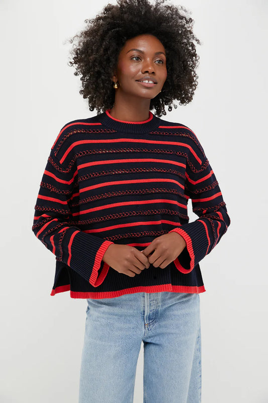Navy and Red Pointelle Stripe Maxine Sweater