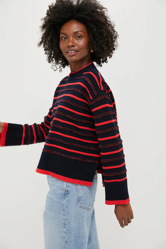 Navy and Red Pointelle Stripe Maxine Sweater